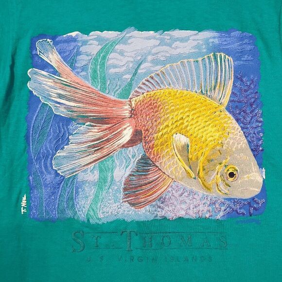 St. Thomas Shirt Mens Medium Green Graphic Fish Print Crewneck Hanes Vintage Tee - Picture 6 of 8